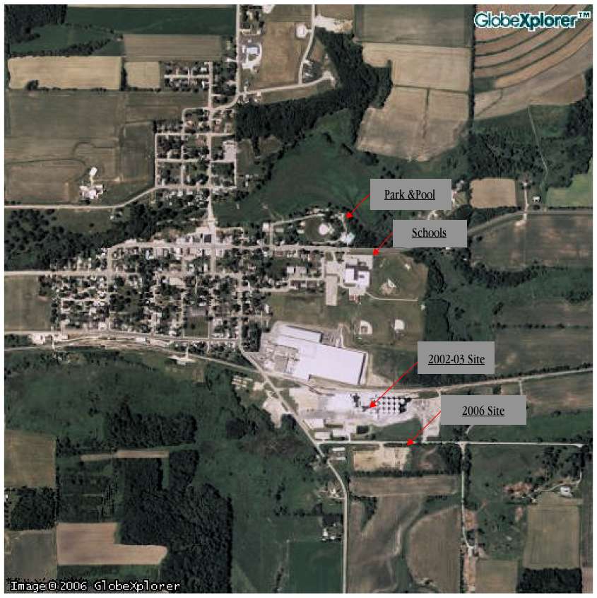 This 2005 satellite photograph of Cambria contains markers indicating the location of the proposed Didion ethanol plant and Cambria schools. The plant is to be located across the road from the southeast corner of the Village. Virtually no point in the Village is more than a three–quarters of a mile away from the plant. Most places in the Village, including the school, are much closer.